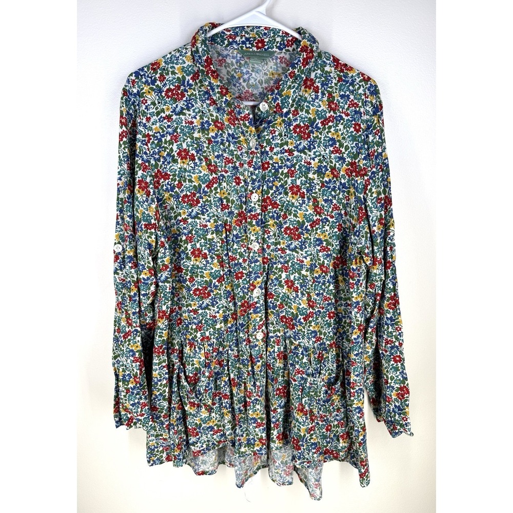 April Cornell Floral Button Front Peplum Tunic Blouse Cottagecore XL Pockets Top